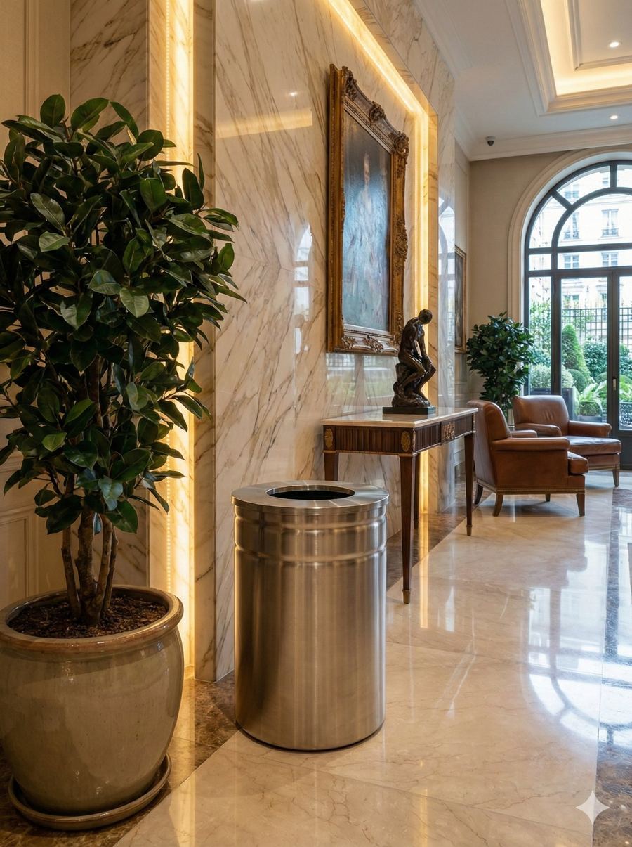 Basurero embudo acero inoxidable en lobby de hotel premium