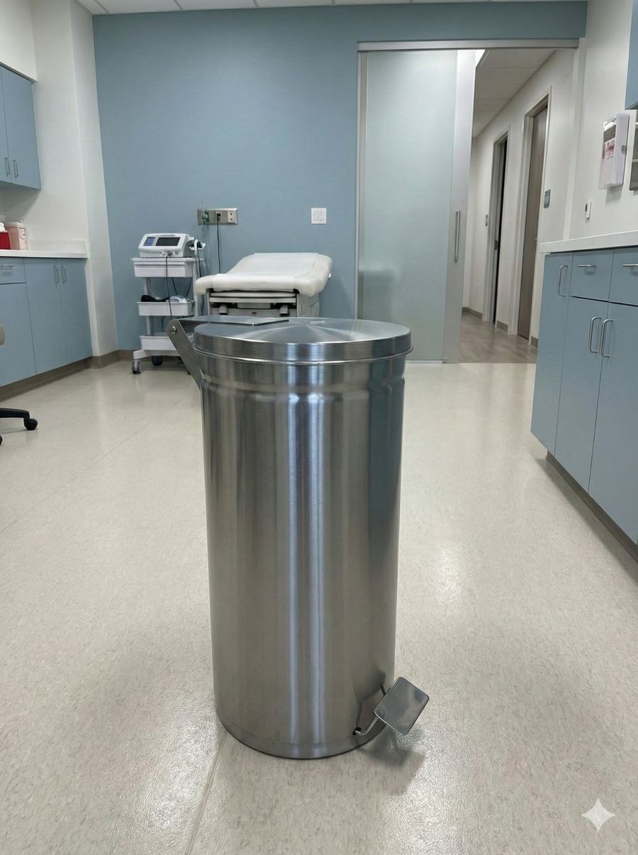 Basurero pedal acero inoxidable en clínica médica