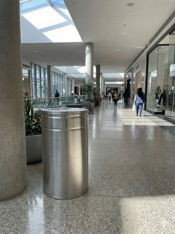 Basurero embudo acero inoxidable 120L en centro comercial