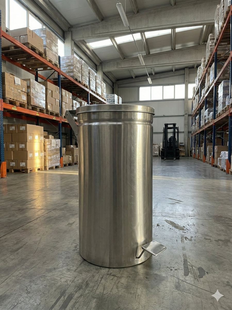 Basurero pedal acero inoxidable en planta industrial