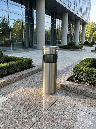 Cenicero acero inoxidable exterior edificio corporativo Santiago